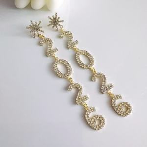 New Rhinestone Snowflake 2026 Pendant Long Drop Earrings for Women Crystal Geometric Tassel Number Dangle Earrings New year Gift
