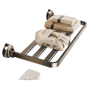 Space Aluminum Bathroom Towel Rack Suction Cup Foldable Storage Shelf Double Layer Towel Bar No Drilling Required Toilet Accessories