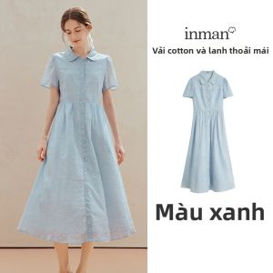 INMAN | Đầm cổ áo búp bê và tay phồng kiểu Pháp bằng gai và lanh