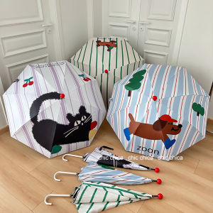 Chic Red Nose Stripe Dog Umbrella Long Handle Bend Hook Large Size Sun Rain Dual Purpose Women High Aesthetic Value Sunshade