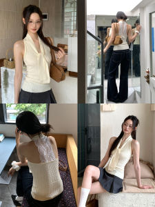 Red Celebrity Studio Womens Summer Outerwear Strapless Vest Neck Hanging Backless Sleeveless High-End Feeling Top