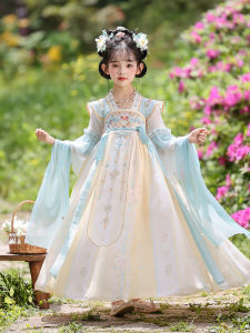 Elegant Summer Childrens Cheongsam Dress Fairy Tale Princess Style Girls Hanfu Ancient Costume Floral Embroidery Thin Fabric