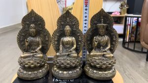 Bộ tam thánh phật cao 20cm bằng đồng hun có lá đề nặng 2.5kg/bộ
