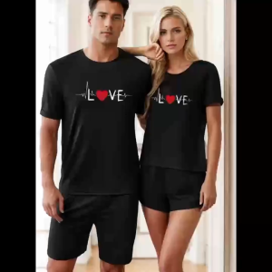 Valentines Day Couple Set with Love Letter Print Men or Women Short Sleeve Shorts Outfit 1 Set Trendy Streetwear T-Shirt