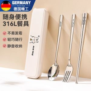 Cartoon Elementary School Student Chopsticks Spoon Set Portable 304 Stainless Steel Dining Utensils Storage Box Travel Foldable
