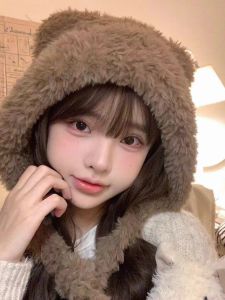 Cute Bear Ear Fluffy Hat Womens Style Winter Small Face Big Head Warm Woolen Cap Plush Hat Lei Feng Hat Breathable Normal Size
