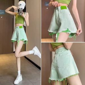 Quần Short Denim Cạp Cao Màu Xanh Lá Cây Mùa Hè Cho Nữ Dáng Chữ a Rộng Rãi Mỏng Rách Rưới Dài Đến Mắt Cá Chân