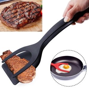2 In 1 Grip Flip Tongs Egg Spatula French Toast Pancake Clamp Overturned Omelet Kitchen