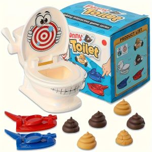 2-in-1 Toilet Poop Shooting Game with 6 Soft Poop Toys & Quick Launchers Fun ABS Bathroom Toy for Kids and Adults