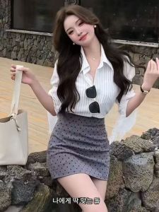Spring Autumn Polka Dot A-Line Mini Skirt Commute Korean Style High Waist Polyester Fiber 140g Short A-Line Skirt