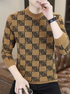 HENGYUANXIANG | Autumn Winter Thickened Knitted Sweater Mens Half High Collar Embroidered Plaid Warm Inner Wear Top Fashionable Urban Style