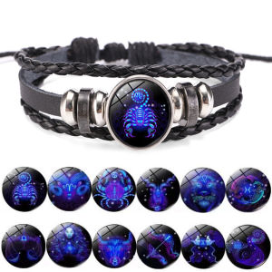 12 Constellation Zodiac Sign Charm สร้อยข้อมือส่องสว่างผู้ชายผู้หญิง Vintage Multilayer Wrap สร้อยข้อมือหนังและกําไลข้อมือของขวัญวันเกิด
