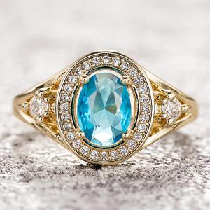 Huitan Elegant Women Gold Color Ring Inlaid Sparkling Blue CZ Luxury Wedding Engagement Fancy Delicate Accessories Jewelry Gift