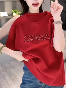 Áo Thun Cotton Tay Ngắn in Họa Tiết Màu Đỏ Cho Nữ Dáng Rộng Phong Cách Thường Ngày Mùa Xuân Hè Cổ Tròn Chất Liệu Cotton Nguyên Chất