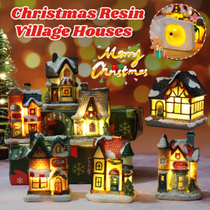 Christmas Resin Village Houses Miniature Model Chrismas LED Lights Glow House Xmas Gift Ornaments