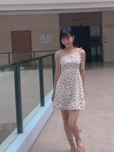 sundresses for women dress for women new flower Korean version of high waist sleeveless dress sleeveless printed skirt gentle temperament short skirt