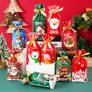 50PC Christmas Candy Packing Bag Santa Gift Bag Snowflake Ribbon Drawstring Bag Self Adhesive Bag Xmas Party Festival Bag Decor