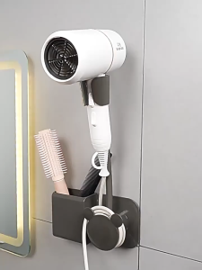 ชั้นวางเครื่องเป่าผมปรับได้ ชั้นวางไดร์เป่าผม แบบไม่เจาะรู การติดตั้งแบบง่ายๆ ชั้นวางของในห้องน้ำ มัลติฟังก์ชั่น