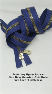 Resleting Zipper 100 cm Biru Navy - Gold Open End Kode A Harga Per Biji