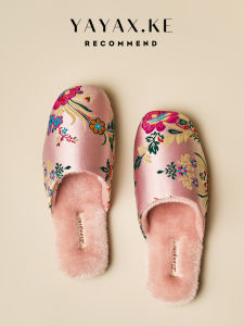 Autumn and Winter Womens Embroidered Satin Cotton Slippers Home Indoor Chinese Ethnic Style Non Slip Stuffed Heattech Slippers