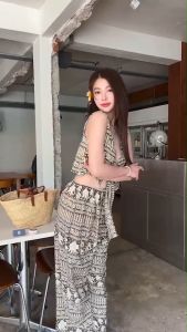 ชุดเซ็ท 2 ชิ้นขายาว ลายช้าง เซ็ทขายาวเสื้อผูกอกได้ เสื้อแขนกุดผูกอกลายช้าง สาวอวบใส่ได้ (รวงข้าว) ป้าย Sheeny.