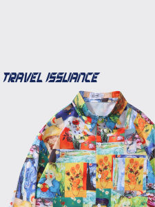 เสื้อเชิ้ตแขนยาวพิมพ์ลายศิลปะย้อนยุค TRAVEL ISSUANCE ทรงหลวม ฤดูใบไม้ร่วง 2024 ปกคอกลม เสื้อผ้าทำงานชาย
