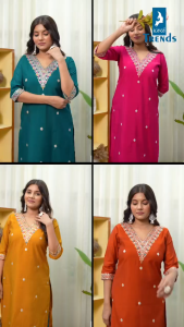 STRAIGHT CUT GRAND KURTIS IN ROMAN SILK COTTON WITH EMBROIDERY AND SEQUENCE WORK