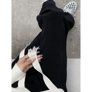 กางเกงขายาวทรงตรงเอวสูงสำหรับผู้หญิง ฤดูใบไม้ผลิและฤดูใบไม้ร่วง ทรงหลวม ปักลายทาง ผ้าถัก กางเกงขายาวทรงตรงสำหรับเดินเล่น