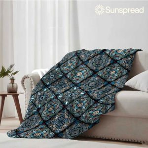 Beast Kingdom | Blue Mandala Tile Grid Soft Warm Flannel Blanket Lightweight Cozy Christmas Halloween Home Decor Room