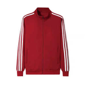 เสื้อแจ็คเก็ตสตรีสไตล์เกาหลี ทรงหลวม คอตั้ง สีแดง เสื้อสเวตเตอร์กีฬา 3 แถบ แฟชั่นฤดูใบไม้ร่วง เสื้อคลุมกันหนาวแบบบาง