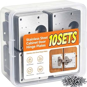 2/10Sets Stainless Steel Door Hinge Repair Plate Kit Metal Large Fix Board Replacement Furniture Cabinet Hinge Plates with Screw