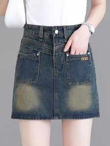 Retro Blue Denim A-Line Mini Skirt Womens High Waist Short Skirts Summer New Style Commuter Korean Version Cotton Blend