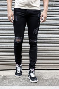Trendy Fleece Lined Skinny Jeans Pants Mens Blue Black Long Sleeve Washed Denim Clothing Travel Wear Youth Fashion
