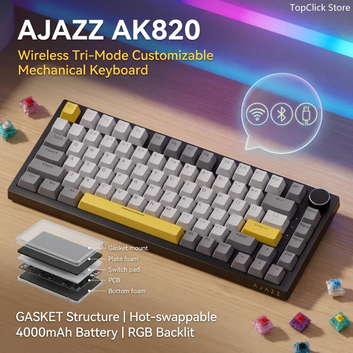 AJAZZ AK820 Mechanical Keyboard 70% Compact Layout/RGB Lighting/Hot-swappable Switches,with Wired,Wireless,and Bluetooth