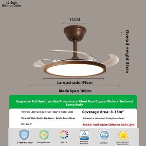 Retro Design Invisible Fan Light with Walnut Grain Full Spectrum Eye-Protective Ultra-Thin Ceiling Lamp