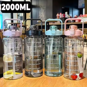 2000ml Portable Water Bottle Large Capacity Plastic Straw Water Cup Drink Bottle With Time Marker for Outdoor Sports Fitness