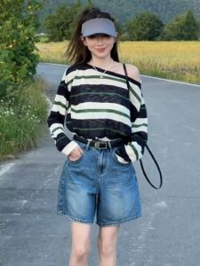 YUEZHONGWEI | Breathable UV-Blocking One-Shoulder Stripe Knit Top