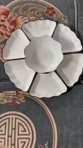 Bộ đĩa bát hoa mặt trời gốm sứ Viền Đen 6 cánh  1 tô lượn sóng đẹp lung linh( Sezi 45)