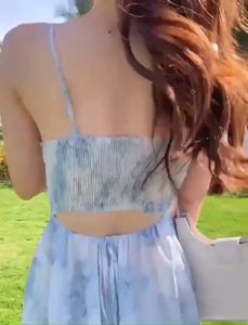 Đầm Xanh 2 Dây Nhún Lưng Siêu Xinh