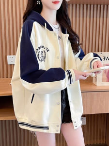 Color Block Hooded Open Cardigan Sweater Loose Plus Size Baseball Jacket