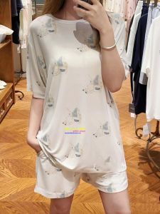  GELATO PIQUE Cartoon Polar Bear Pajamas for Couples Short Sleeve Summer Loungewear Thin Section Modal Fabric Midi Dress Length