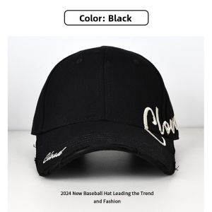 Womens Summer Letter Embroidery Black Wide Brim Hard Top Baseball Cap Large Head Circumference Face Slimming Korean Style Hat