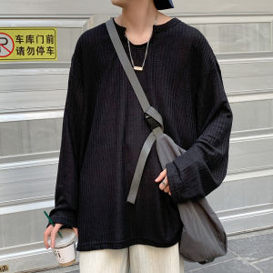 Loose Long Sleeve T-Shirt American High Street Style Spring Pure Color Side Split Base Shirt Youth Fashion Casual Top