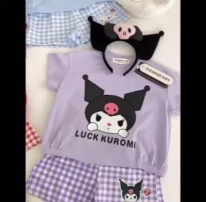 2232pcs Cute Sanrio Kuromi Melody Cinnamoroll T-shirt+Plaid Short Sweet Princess Student Costume Cosplay Party Kids Summer Short Sleeve Suit