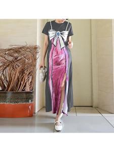 ชุดเดรสยาวเอวสูงพิมพ์ลายผีเสื้อแขนสั้นฤดูร้อน 2024 ชุดเดรสยาวเอวสูงสไตล์ยุโรปสำหรับผู้หญิง ชุดเดรสยาวคอตั้ง