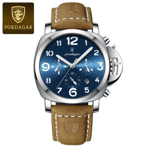 POEDAGAR นาฬิกาแฟชั่นสุดหรูสําหรับชายกันน้ํา Luminous Chronograph Man นาฬิกาหนังทหารผู้ชายนาฬิกาควอตซ์ Reloj