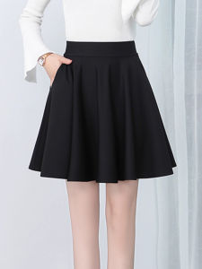 Fall 2024 High Waist A-Line Mini Skirt Puffy Black Pleated Gored Skirts Womens Simple Style Polyester Nylon Elastic Fiber