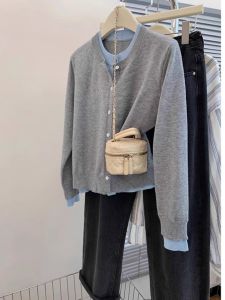 เสื้อคาร์ดิแกนถักสีเทาสำหรับผู้หญิงในช่วงต้นฤดูใบไม้ผลิ เสื้อคลุมกันหนาวแบบสวมหัวแขนยาว ทรงหลวม ปกติ ปกติ ปกติ