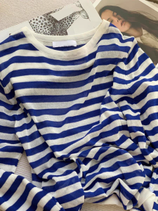 High-End Womens Long-Sleeve Knitted Linen Shirt Air Conditioner Covering Stripe Pattern Commute Style Korean Loose Fit