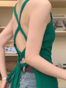 chaqi | Áo ba lỗ ngắn gợi cảm mùa hè 2025 Thiết kế mới Đen xanh lá cây Đồ lót ngực Đeo vai Áo ba lỗ hở lưng Áo ba lỗ cổ tròn